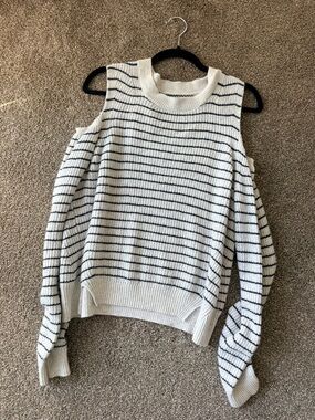 Lucky Brand Cream and Black Striped Cold-Shoulder Sweater